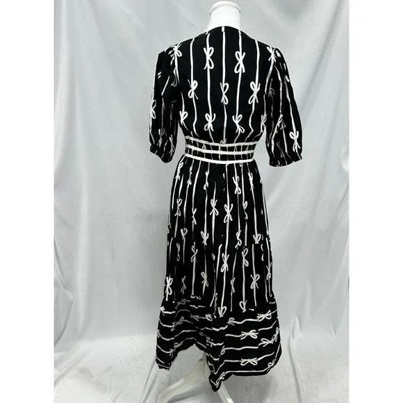 Umgee Sz Small Midi Dress Black White Bow Print Cotton Tiered Coquette Parisian - Picture 2 of 6